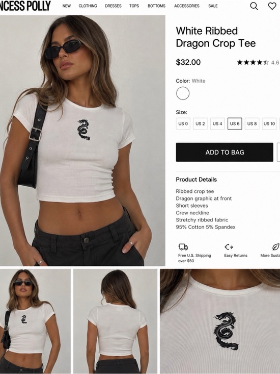 Princess Polly Tops - Princess Polly White Ribbed Dragon Crop Tee - US6